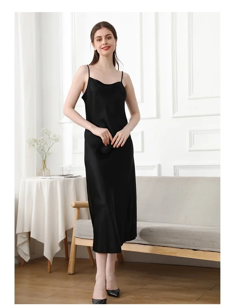 

Sexy 100% Mulberry Silk Slip Long Nightdress Summer Sleeveless Pajama Dress Women's Camisole Home Dress Nightgown Black Homewear