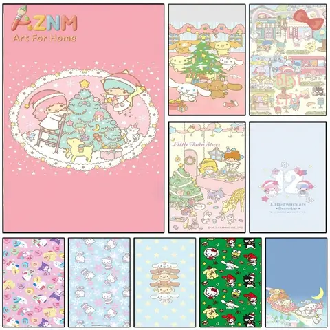 Sanrio Little Twin Stars Christmas Decorating Tree Canvas Wall Art Unframed Canvas Poster Kawaii Xmas Print Kids Room