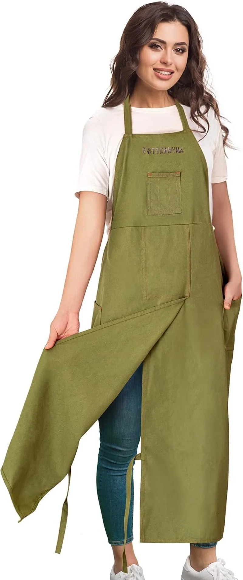 Canvas Split Leg Long Work Apron Adjustable Neck Hanging Multi Pockets Full Body Apron for Pottery Painting Gardening Workshop