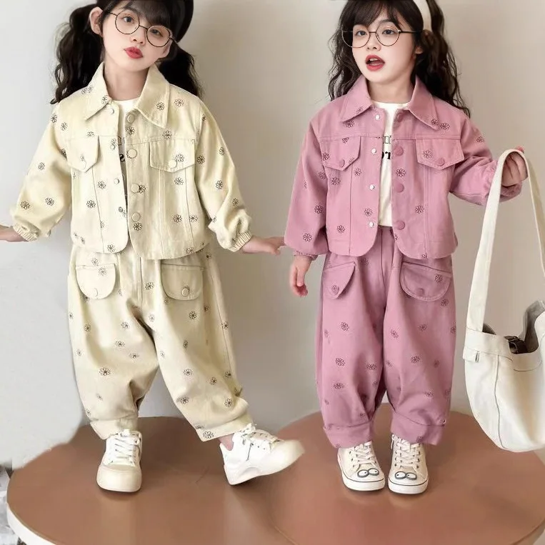 

Autumn Children Girls Two-piece Clothes Set Cotton Floral Printed Turn Down Collar Jackets Loose Jogger Pants Kids Girl Outfits