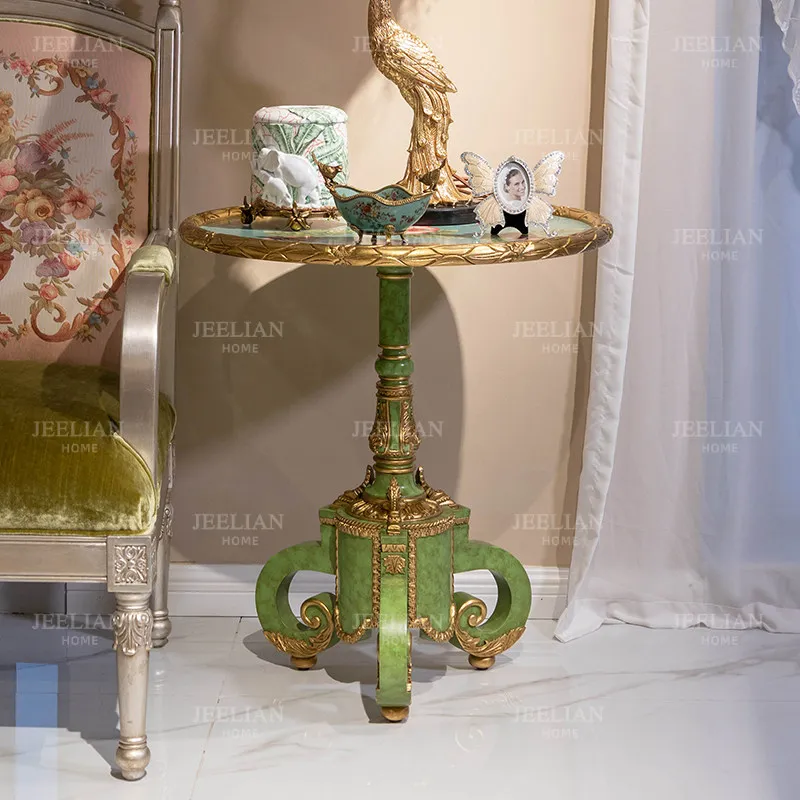 CX solid wood, carved gold hand-painted white green flower butterfly small round table