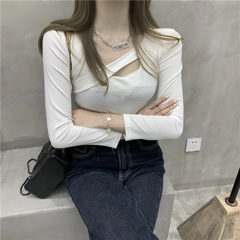 Sexy Y2K T-shirt Woman Auutmn V-neck Long Sleeve Tee Shirt Femme Hollow Out Skinny Basic Clothes Women Tops