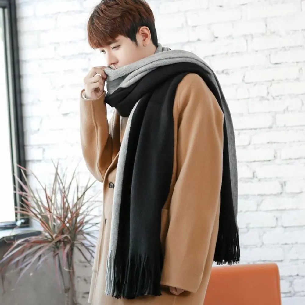 Elegant Korean Style Men Cashmere Scarf Windproof Thickened Long Wool Tassel Scarf Splicing Color Soft Winter Neckerchief Girls