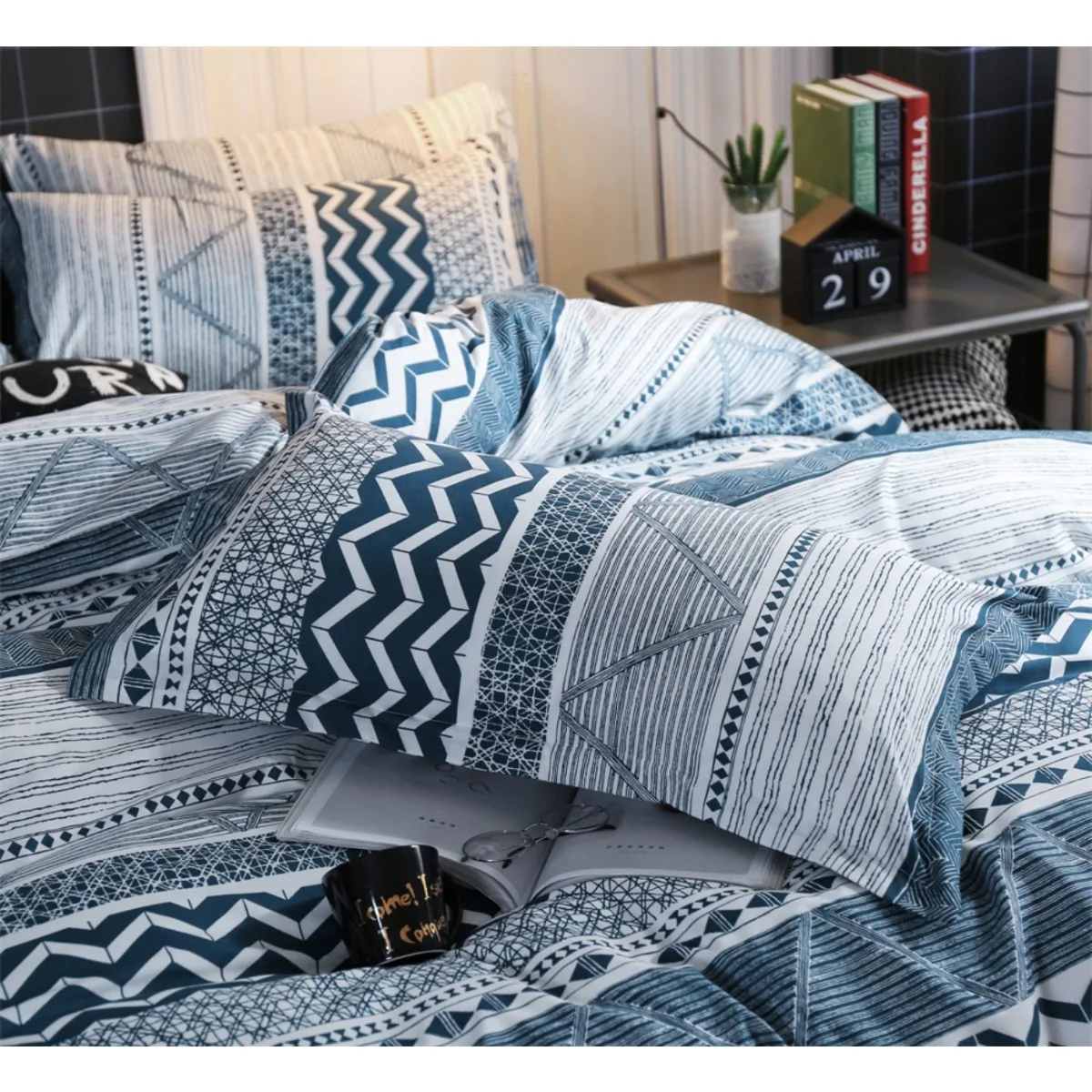 Imagem -04 - Conjunto de Cama Queen Listrado Boho Azul Conjunto de Edredão Listras Nórdicas Fronhas para Todas as Estações Ultra Macio 100 Microfibra