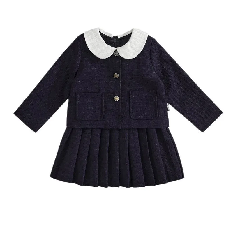 2024 New Baby Girl Doll Neck Sleeveless Pleated Dress Round Neck Long Sleeves Girl Coat Top Preppy Style Children Matching Set