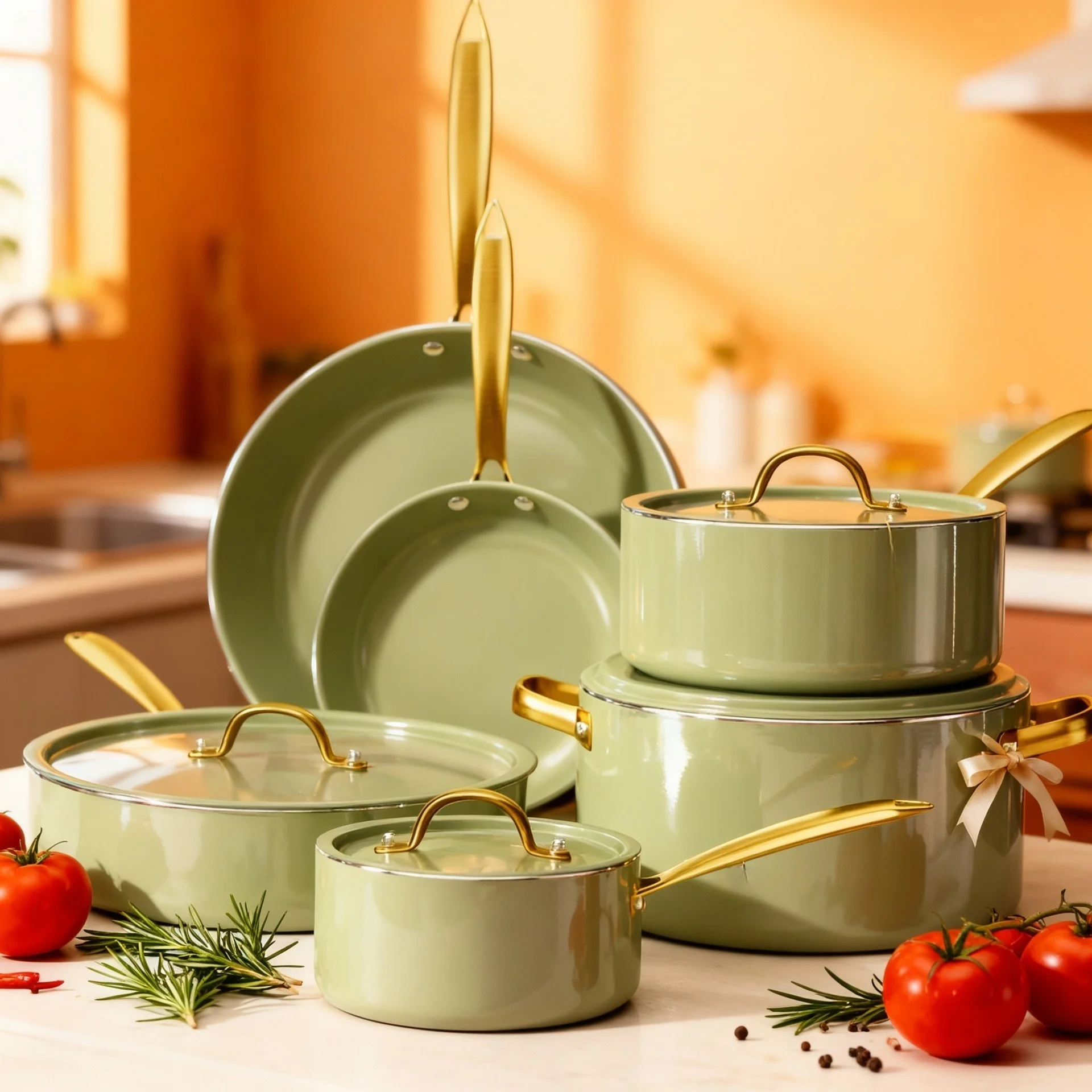 New Fashion Cooking Aluminum Cookware Kitchen Set Factory Supplier Green Induction Professional Pots Pans Set