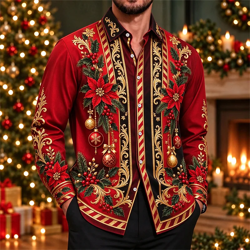 New men's shirt with dark green walnut clip, gold tree snowflake pendant ball gift box, printed slim fit shirt