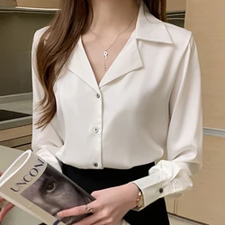 Women Shirts Silk Women Blouses Office Lady Satin White Shirt Woman Clothes Long Sleeve Blouse Notched Collar Casual Ladies Tops