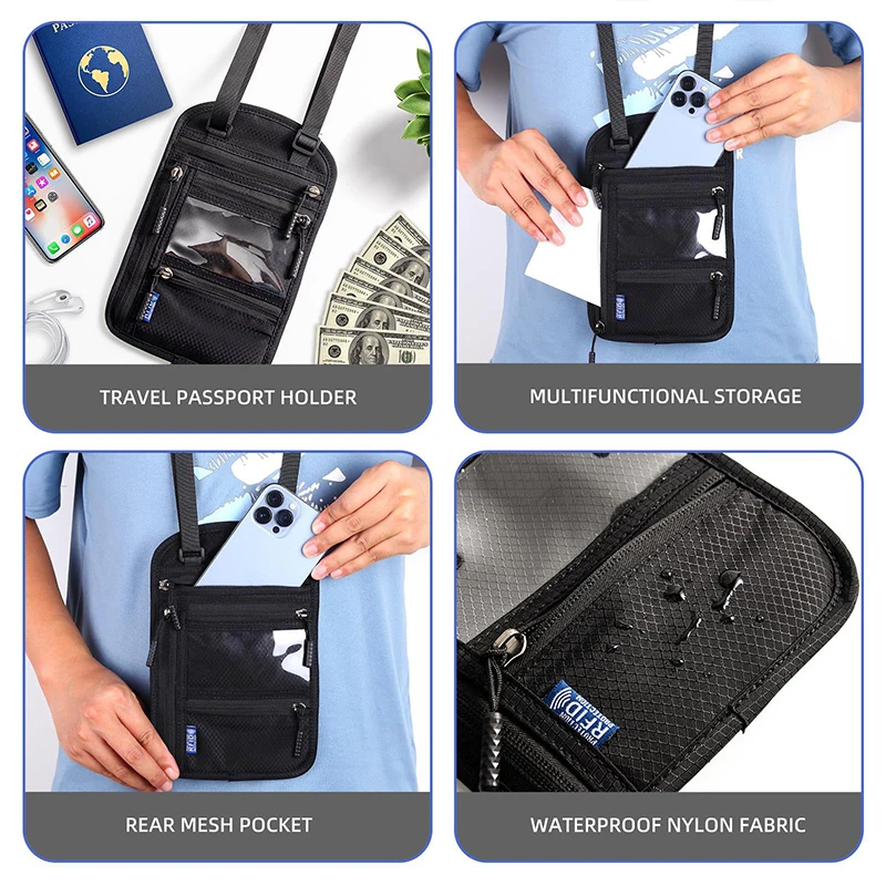 RFID Blocking Card Holder Nylon Anti-Theft Travel Document Card Passport Bag Neck Wallet Money Document Card Storage Bag Pouch