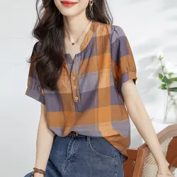 Women's Clothing Plaid V-Neck Shirt Stylish Button Summer New Vintage Short Sleeve Korean Loose Commute All-match Spliced Blouse