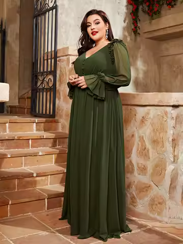 Mgiacy plus size V-neck retraction Lantern sleeve chiffon full skirt Evening gown Ball dress Party dress Bridesmaid dress