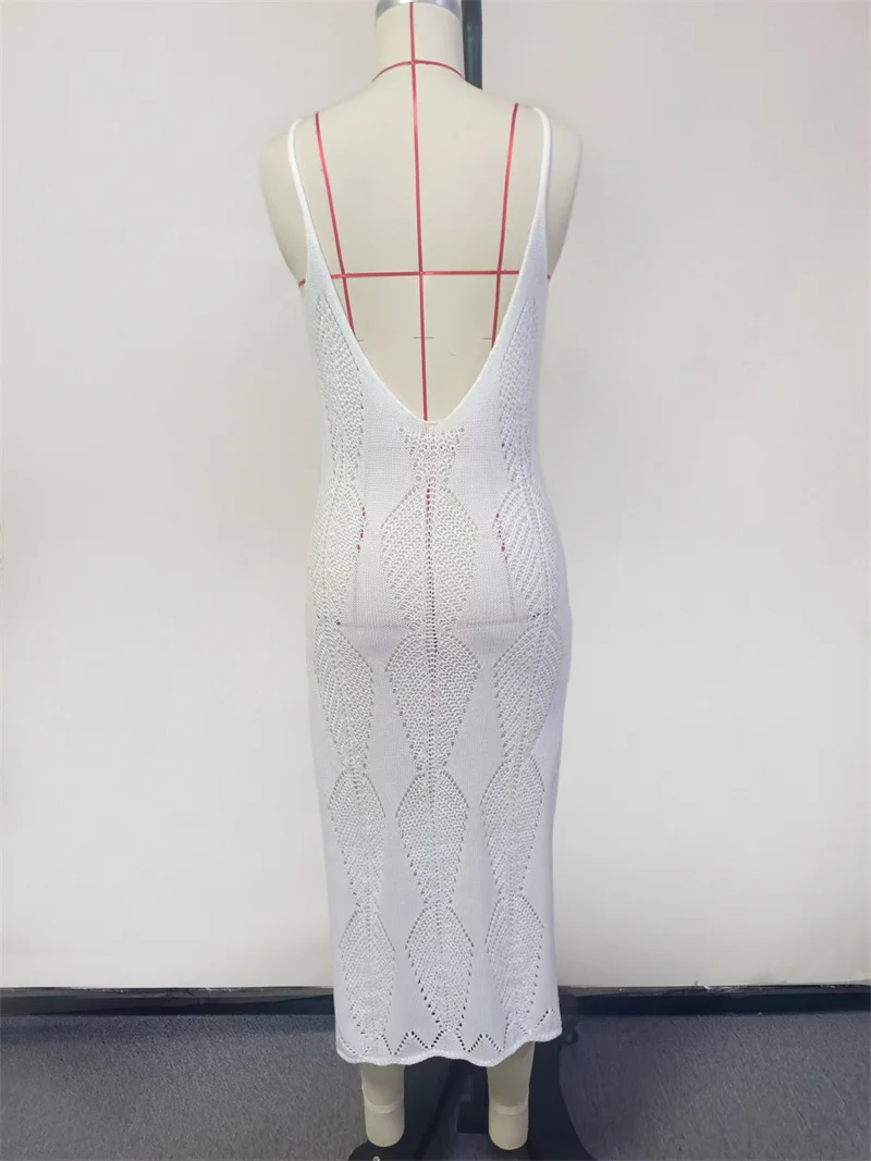 المرأة عارية الذراعين Bodycon فستان منسوج الجانب الشق الجوف خارج حزام شير الكروشيه ملابس الشاطئ الإناث بيكيني التستر فستان