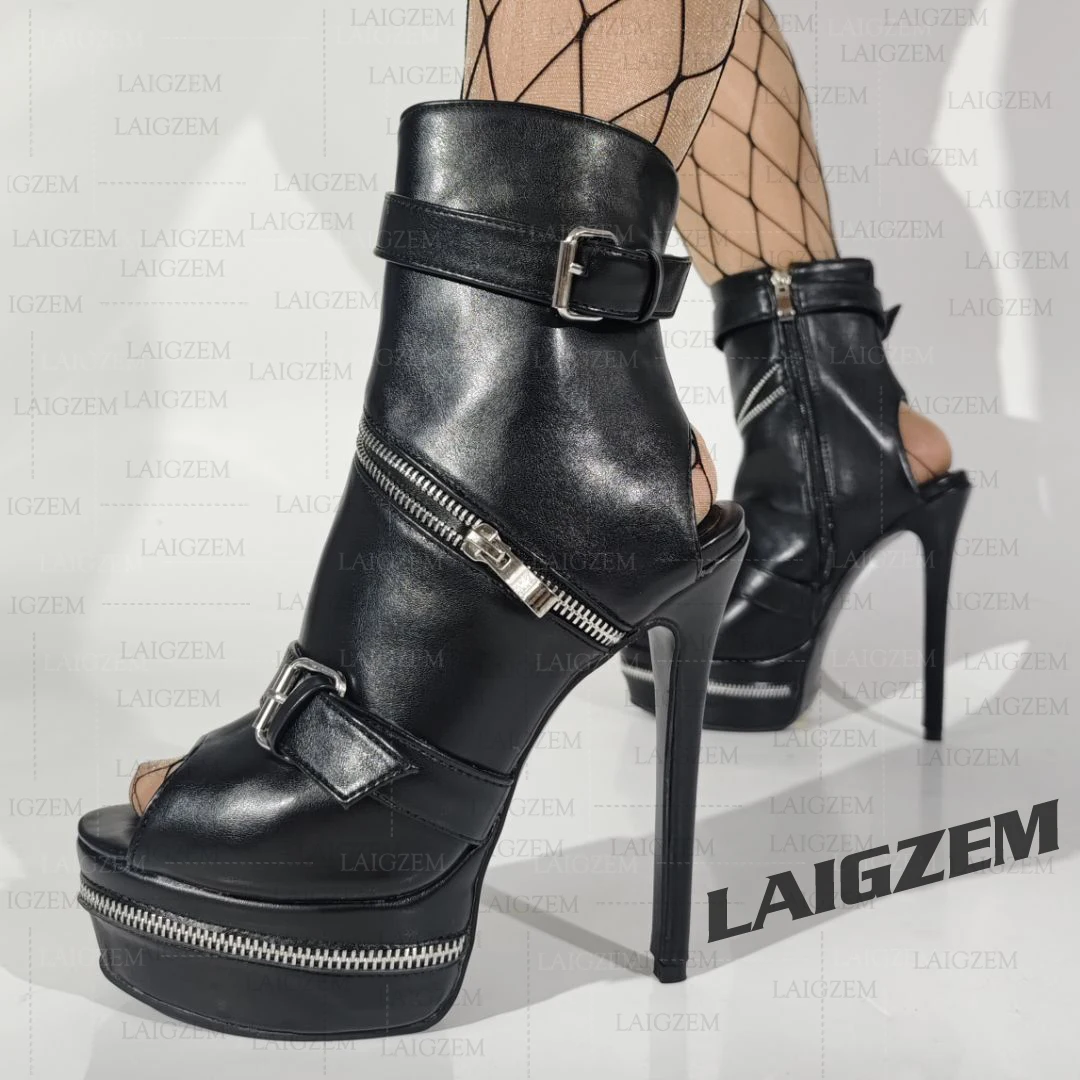 

LAIGZEM Женские ботильоны с открытым носком на тонком высоком каблуке Сапоги с боковой молнией и пряжками Короткие ботильоны Женская обувь Женская обувь Большой размер 39 43 45 52