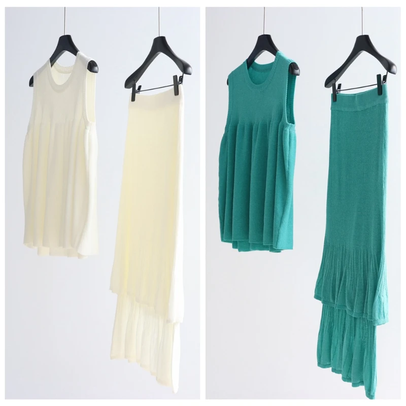 

25 Spring/Summer Cool Linen Pinch Knitted Tank Top, Half Skirt Set, Heavy Industry Fashion Two piece Set, Women's New Product