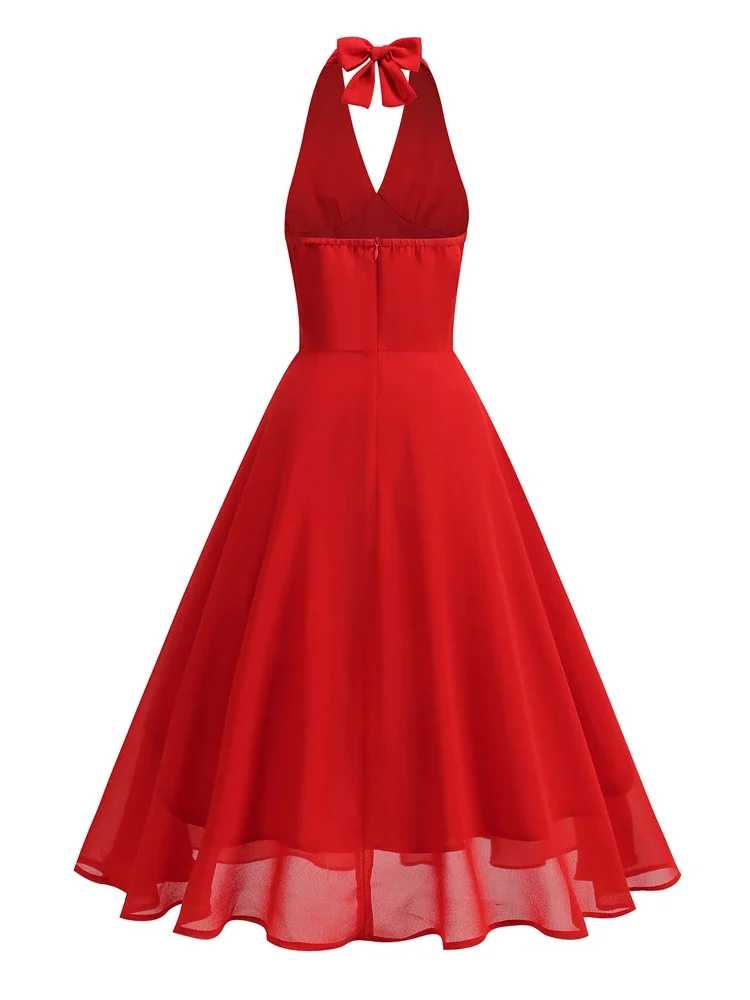 2025 Elegant Sexy Vintage Red Halter Women Dress High Waist Evening Party Prom Clothes Backless Fit and Flare Birthday Dresses