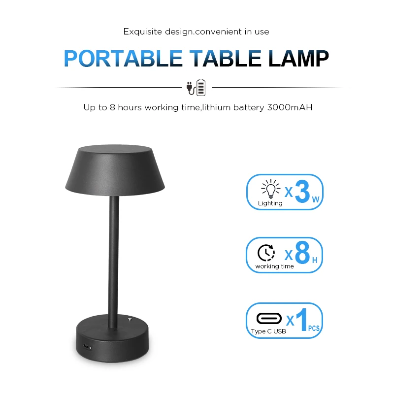 LED Cordless Table Lamp Rechargeable 3000mAh Battery Powered Lamp, Dimmable Table Light for Outdoor Patio Restaurant Home