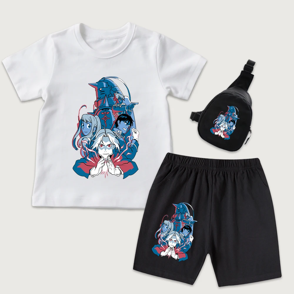 Full Metal Alchemist Characters Anime Print Cotton T Shirt Shorts Mini Chest Bag 3 Pieces Set for Kids Boys Girls Summer Outfit