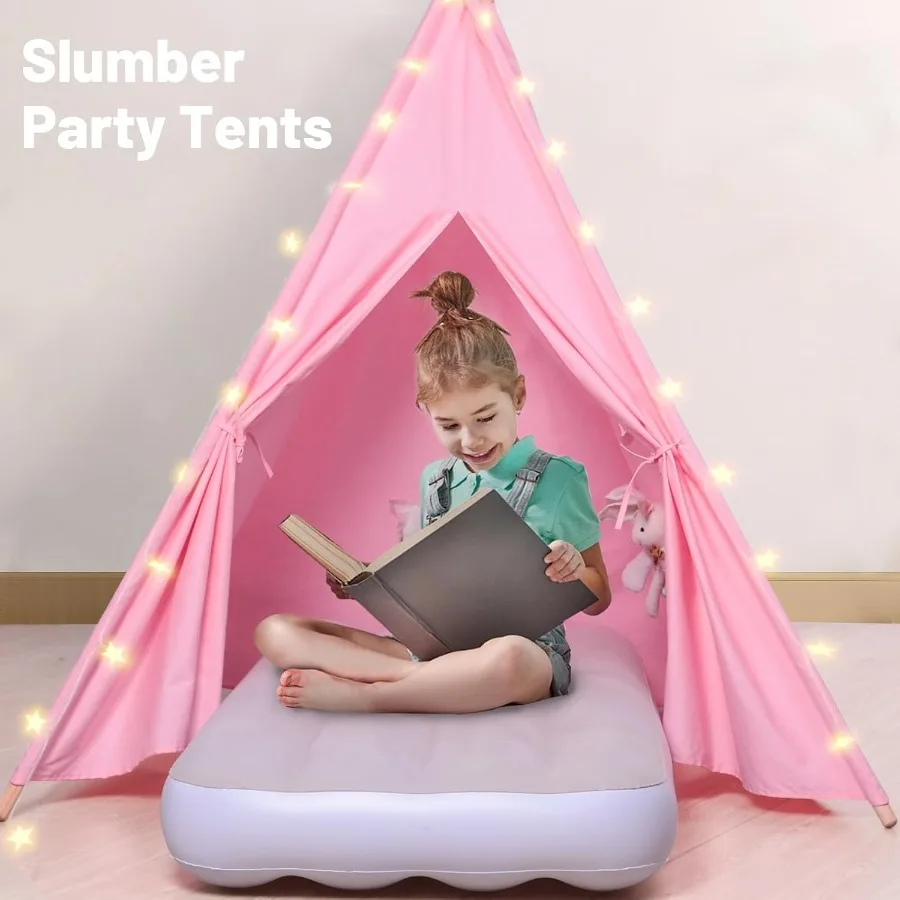 Paquete de 4 casitas de juegos para niños con luces, bandera y colchón de aire inflable, plegable para interiores/exteriores, tienda de campaña para fiesta de pijamas, funda para dormir