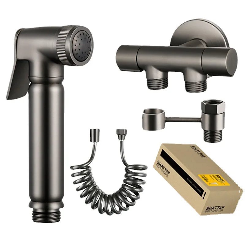 Grey All Copper Women's Wash Set Toilet Toilet Spray  High Pressure Rinser One in Two Out Dual Angle Control Valve