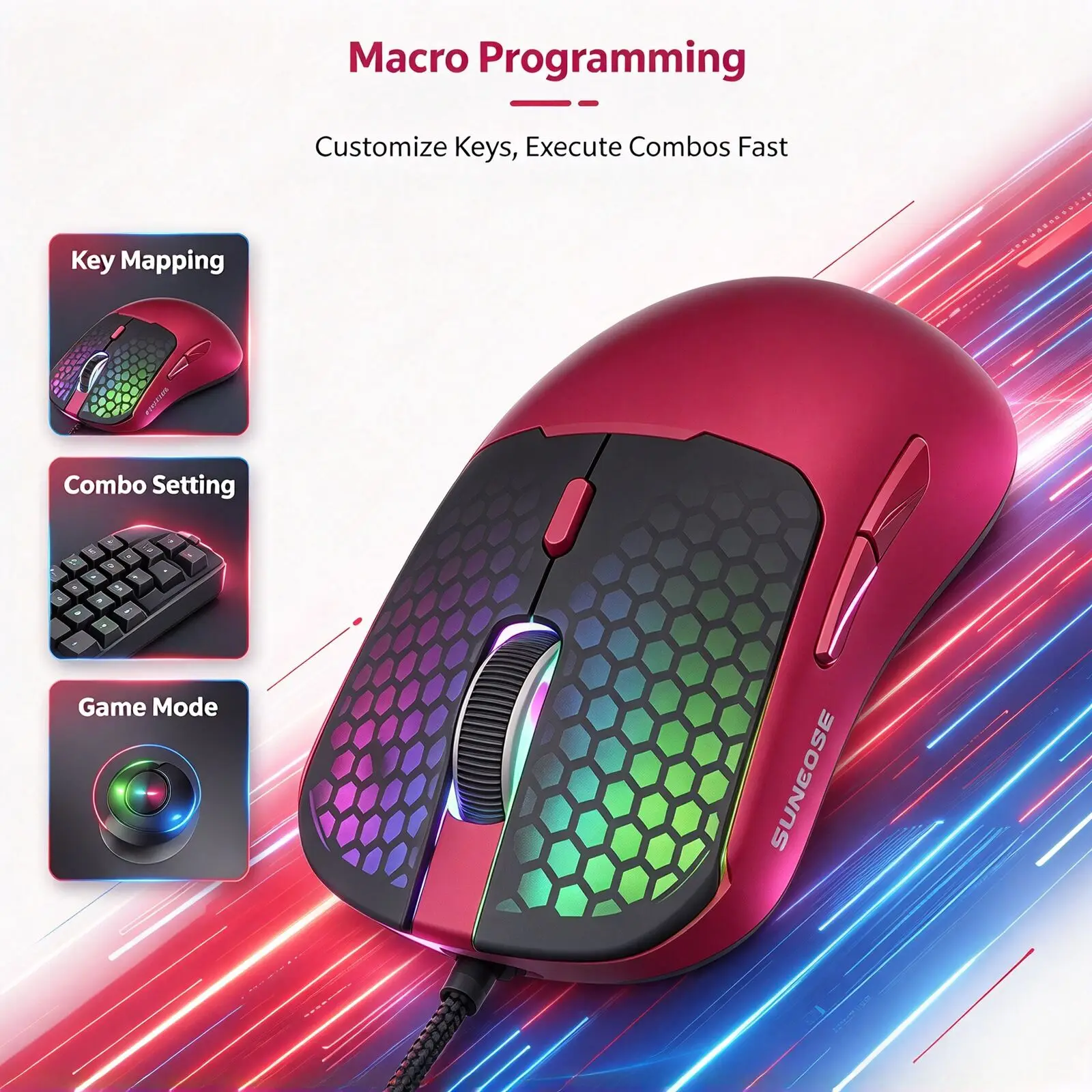 G1 Wired Gaming Mouse 79g Lightweight Honeycomb 7200DPI 6 Programmable Buttons 12 RGB Light USB Gaming Mice for PC Laptop Gamer