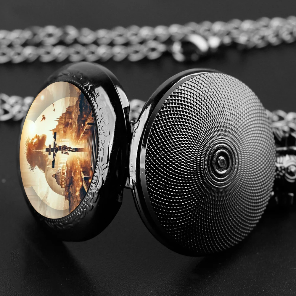 He is risen! Easter Themed Glass Dome Quartz Pocket Watch with Arabic Numerals Dial Durable Chain Perfect For Easter Gifts