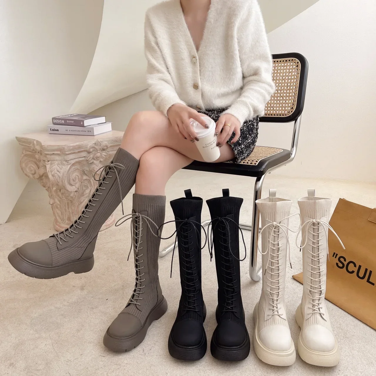 Autumn Winter Boots for Women Knee High  Boot Lace Up Style New Thick Soled Sponge Cake Knight  Boots  Women Shoes Beige