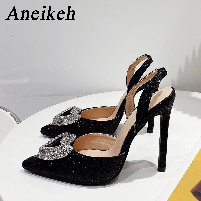 Aneikeh Glitter Heart-shaped Rhinestone Sandals Pumps 2025 Summer Sexy Stiletto Pointed High Heels Lady Shoes Party Prom Shoes image 4