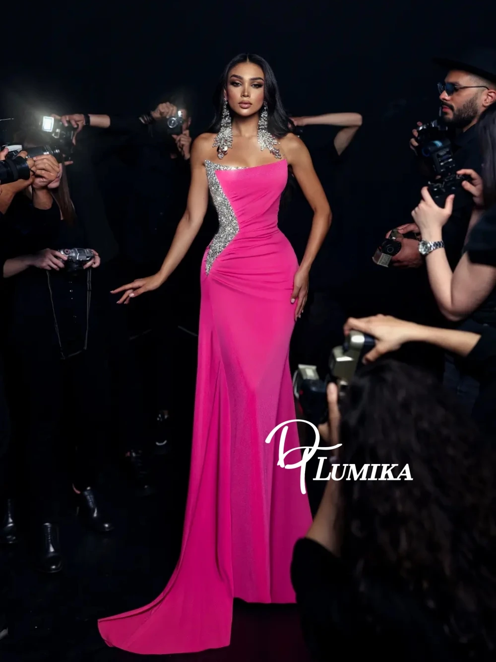 

Hot Pink Strapless Customized Evening Dress Fitted Waist Classy Mermaid Silver Details Cocktail Gown Dinner Party Prom Wear