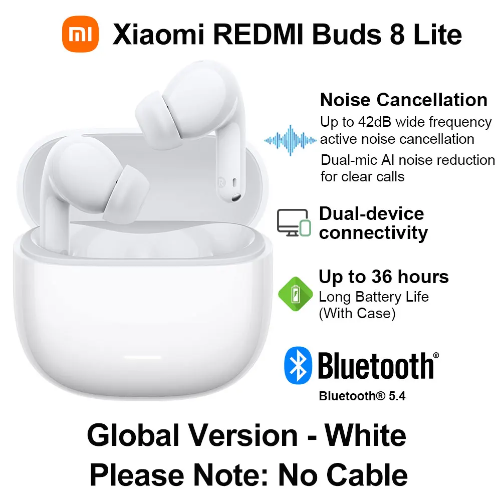 Nieuwe Xiaomi REDMI Buds 8 Lite draadloze Bluetooth-oortelefoon, 42dB ANC 12,4 mm driver BT5.4 Tot 36 uur, Dual-mic AI ruisonderdrukking