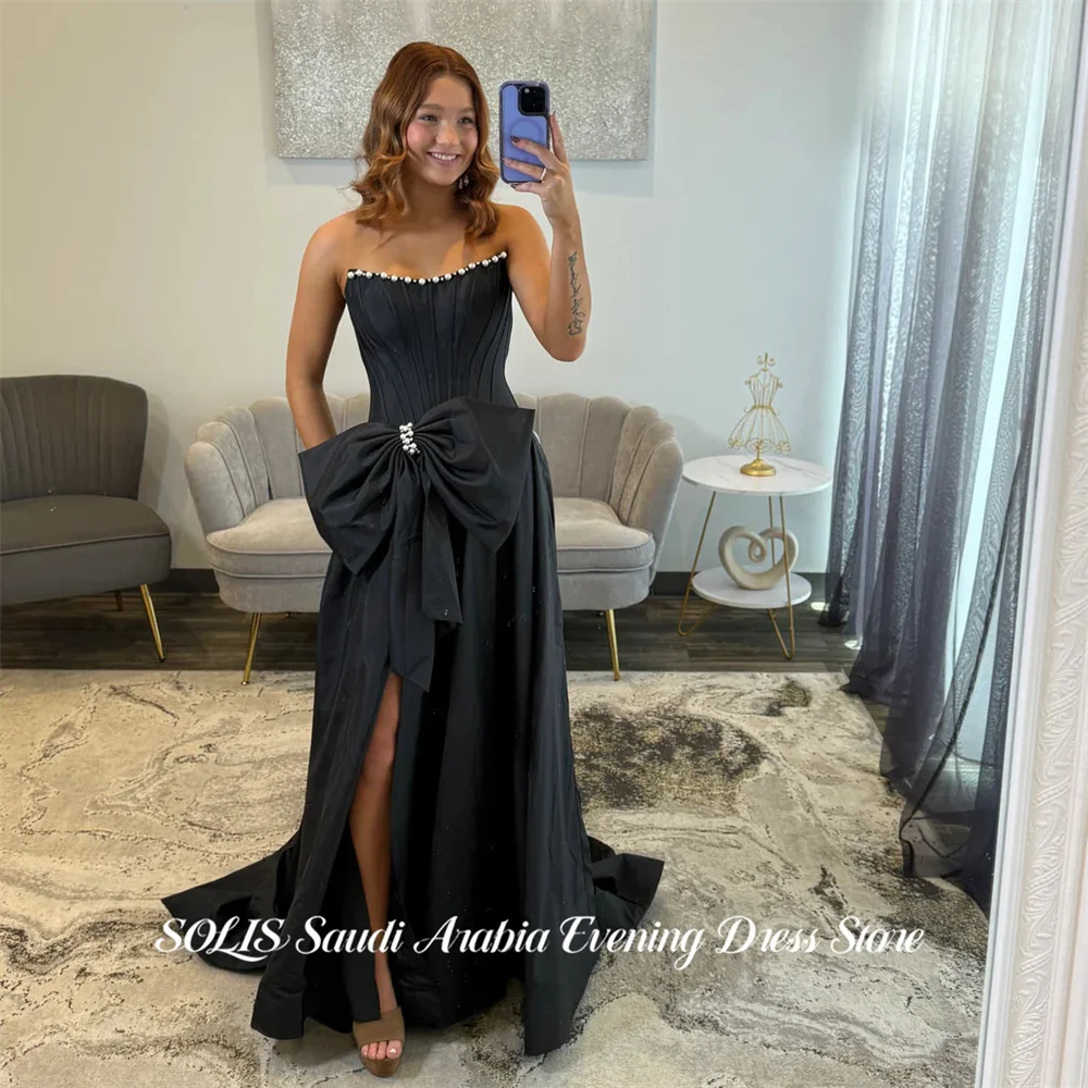 

SOLIS Black Prom Dress Strapless Evening Dress Beading On Chest Party Dress with Statement Bow Robe De Soirée Sweet Customized