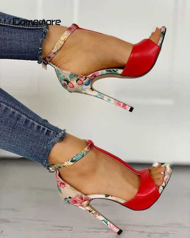 Comemore Open Toe Gladiator Shoes 2024 Woman Party Pumps Sexy Women T-strap Floral Print Sandals Summer Fashion Super High Heels