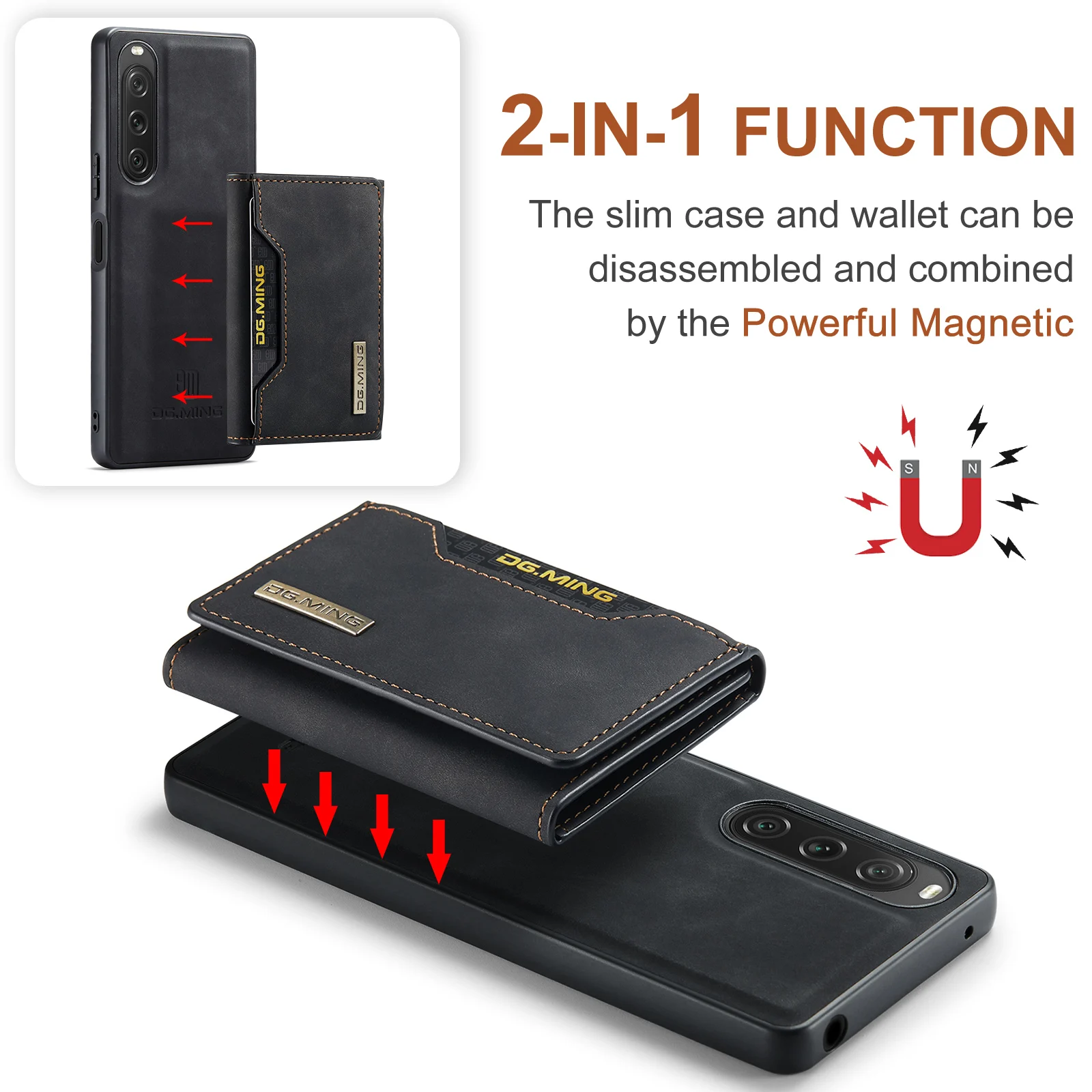 2in1 مغناطيسي مناسب لهاتف Sony Xperia 5V غطاء حماية Xperia 10V/Xperia 1V حامل بطاقات جلدي قابل للفصل حافظة محفظة مغناطيسية