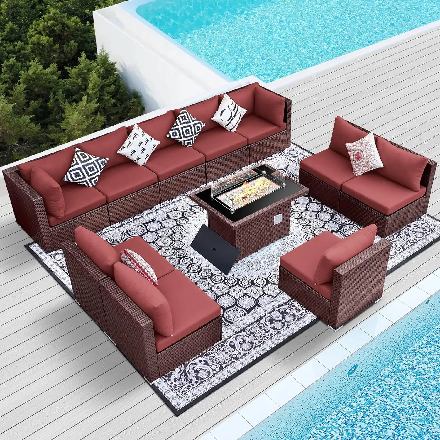 

PE Wicker Patio Furniture Sectional High Back Large Size Sofa Sets with Propane Fire Pit Table Lounge Conversation for Outdoor