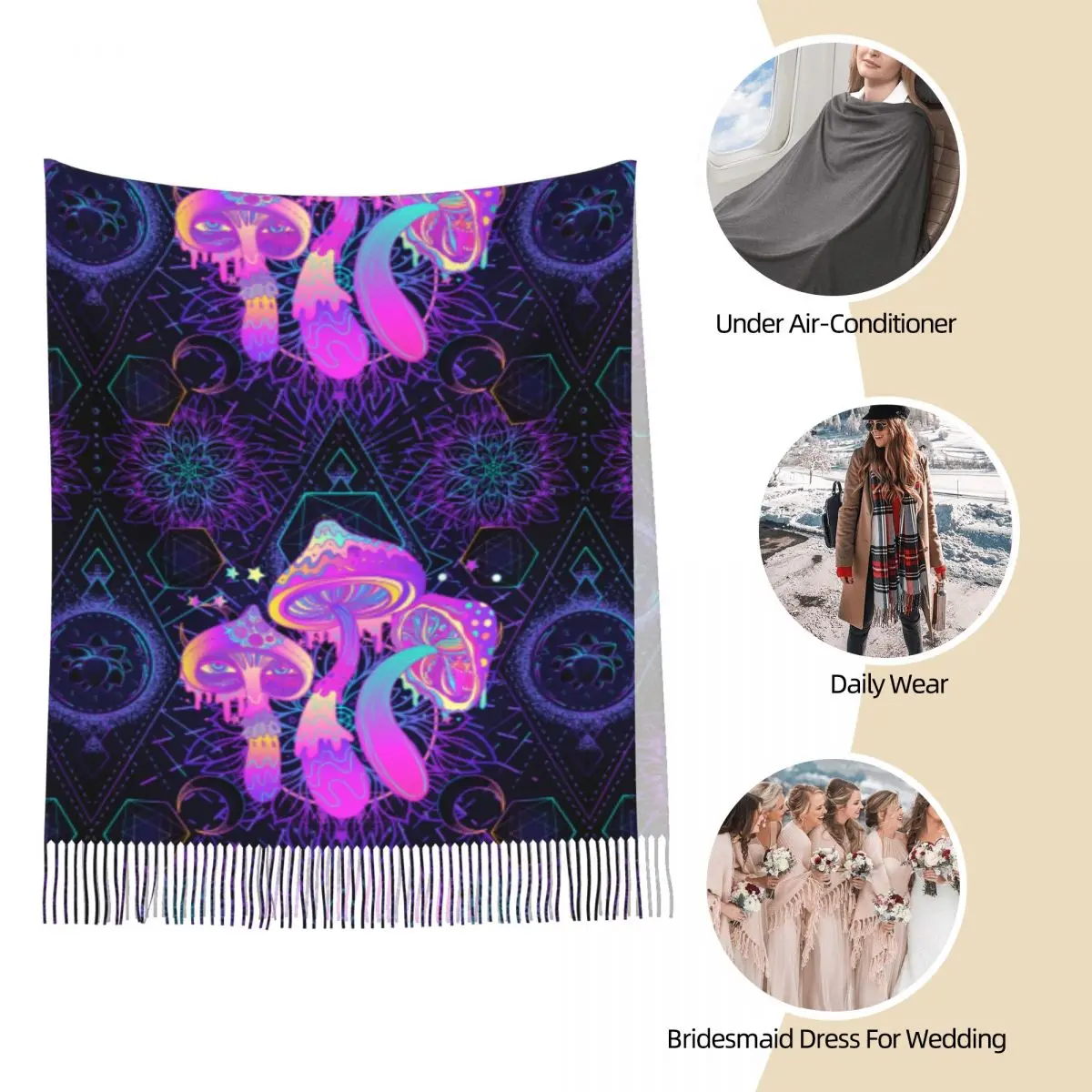 Psychedelic Shrooms Scarf for Womens Winter Warm Pashmina Shawl Wrap Mushroom Abstract Trippy Long Large Shawl Scarf Ladies