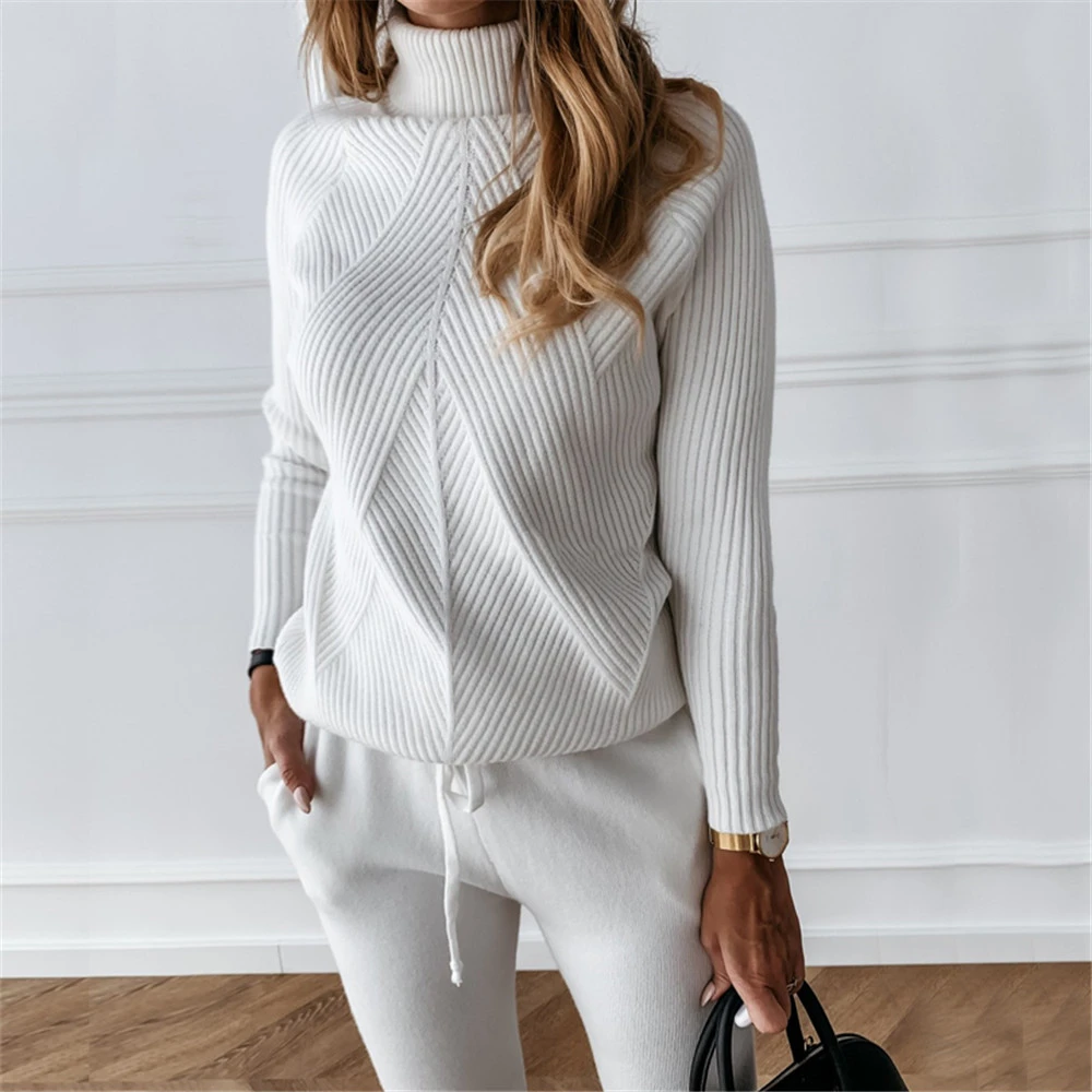 TYHRU Autumn Winter Women\'s tracksuit Solid Color Striped Turtleneck Sweater and Elastic Trousers Suits Knitted Two Piece Set