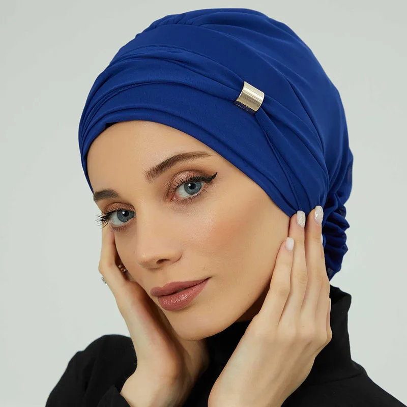 Solid Fashion Muslim Turban Women\'s Hat Hijabs Cotton Headscarf Metal Buckle Decoration New Design