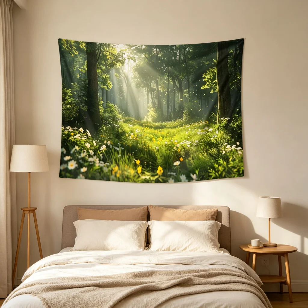 1PC Forest Sunshine Print Backdrop Banner, Bedroom Living Room Photo Background, Polyester Wall Hanging, Home Decor, Wall Art