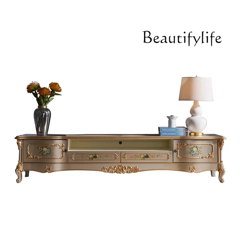 

muebles de salónSimple TV Cabinet American-Style Solid Wood Painted Living Room White Champagne High-End Carved Floor Cabinet