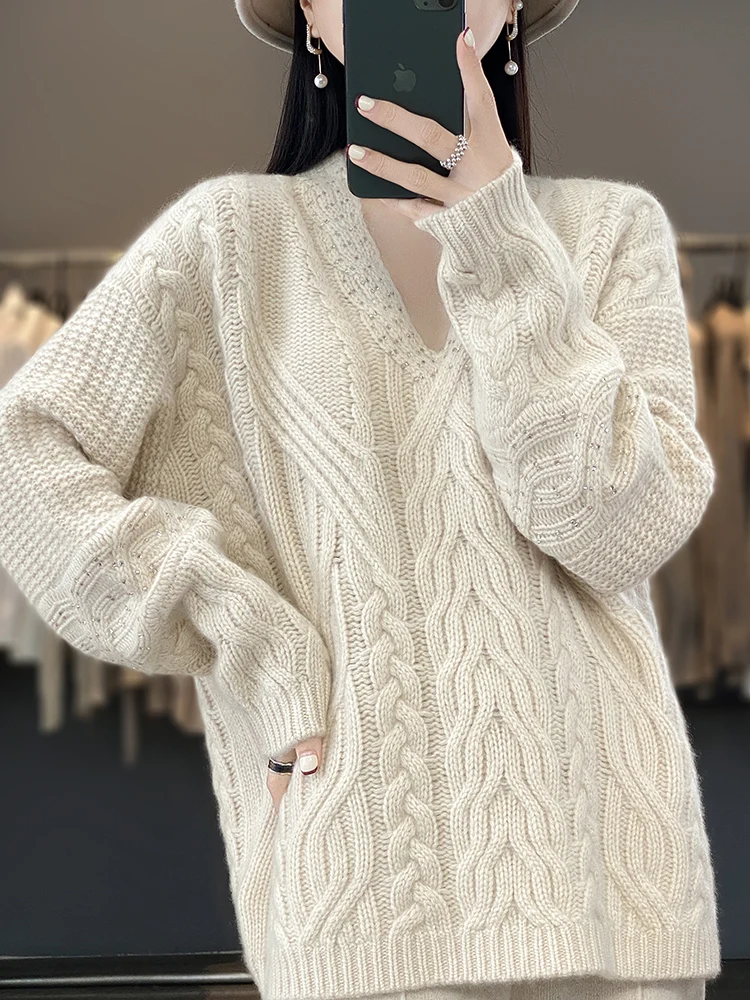 

Women's Casual Loose Pullover Autumn Winter Cable Stitch V-Neck Simple Comfortable Soft 100% Merino Wool Sweater Knitwear