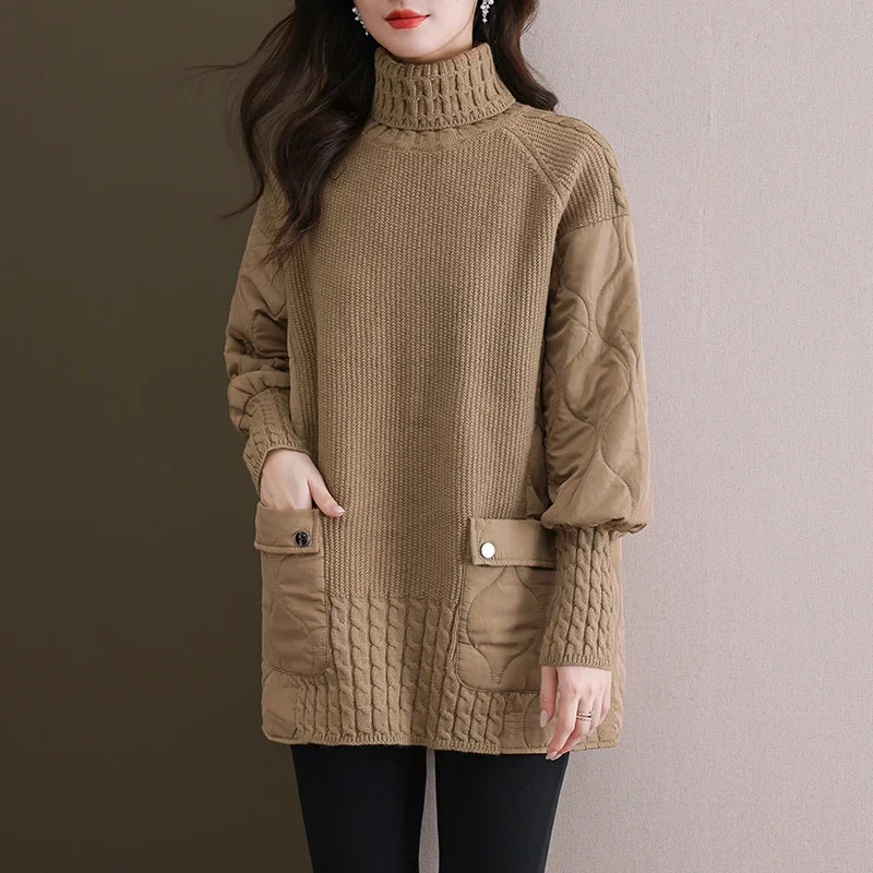 

New High-necked Long-sleeved Loose Cotton-padded Jacket Women Autumn Winter Korean Temperament Stitching Sweater Parkas Female
