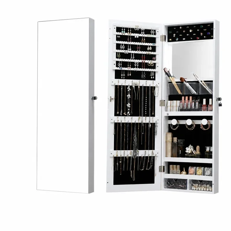 Wall Mounted Full Body Mirror with LED Light Bar Touch Switch Jewelry Cabinet Storage Multi Function Dressing Mirror