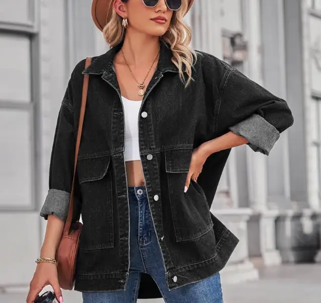 

Fashionable Slim Fit Retro Loose Denim Jacket Autumn Women's Lapel Loose Large Pocket Button Long Sleeved Loose Denim Jacket