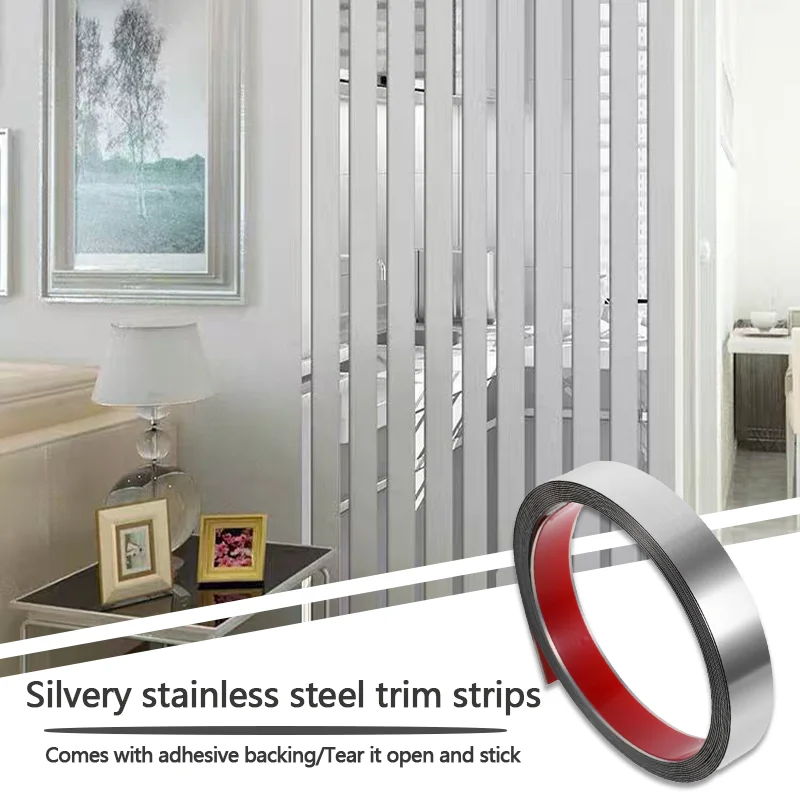 خط ديكور من الفولاذ المقاوم للصدأ بطول 5 أمتار مقاوم للماء ومتين، مع دعامة لاصقة يمكن تقشرها وسحبها للالتصاق