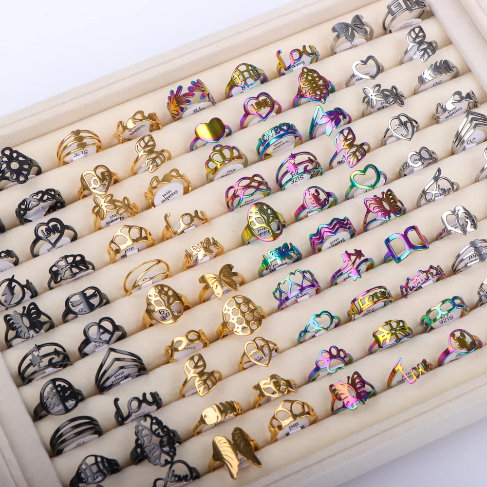 10Pcs/Lot Fashion Colorful Zircon Stainless Steel Rings For Women Classic Wedding Love Mix Style Jewelry Engagement Party Gifts