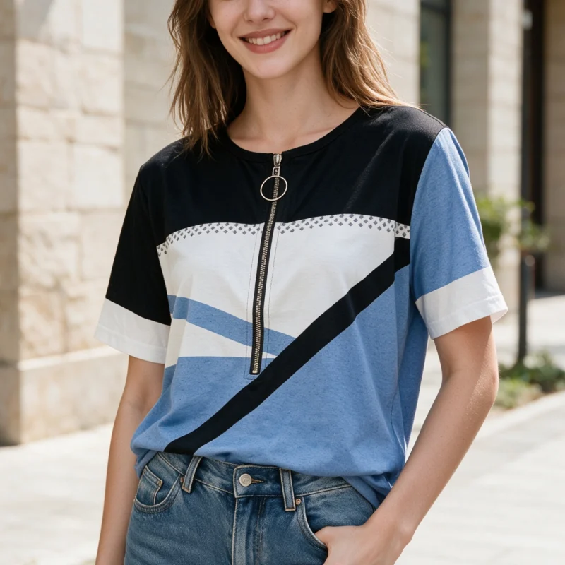 2026 Color Block Elegant Tee Summer Women V Neck Short Sleeve Half Zip T-Shirt Casual Loose Fit Casual Y2k Streetwear Top