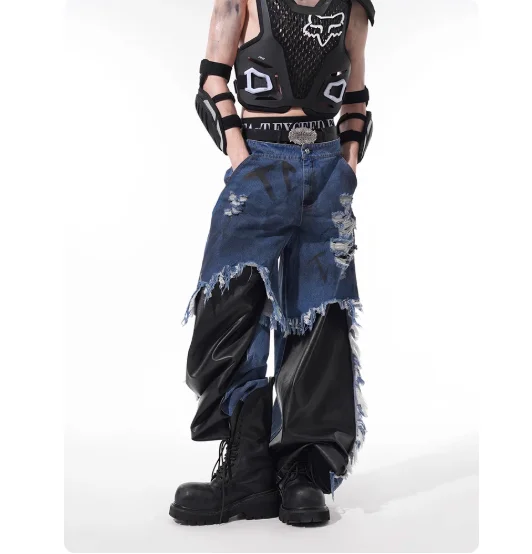 Gefälschte zweiteilige Patchwork-Jeans für Herren, Sommer, handbemalte Buchstaben, schmutzige Farbstoffe, raue Kanten, zerrissene Löcher, Hose mit geradem Bein