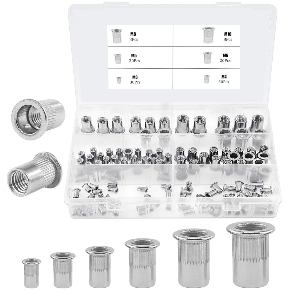 126Pcs 304 Stainless Steel M3 M4 M5 M6 M8 M10 Flat Head Threaded Rivetnut Insert Nutsert Rivet Nut Assortment Kit