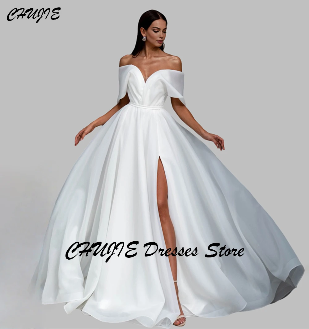 

Off Shoulder White Organza Wedding Dress Women A Line Pleat With Side Slit Plus Size Bridal Gowns свадебное платье Customized