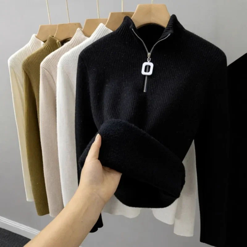 レディース一体型ベルベット冬用暖かいジッパー付きニットベースシャツ厚手ハーフハイカラーフリース裏地付きニットセーター
