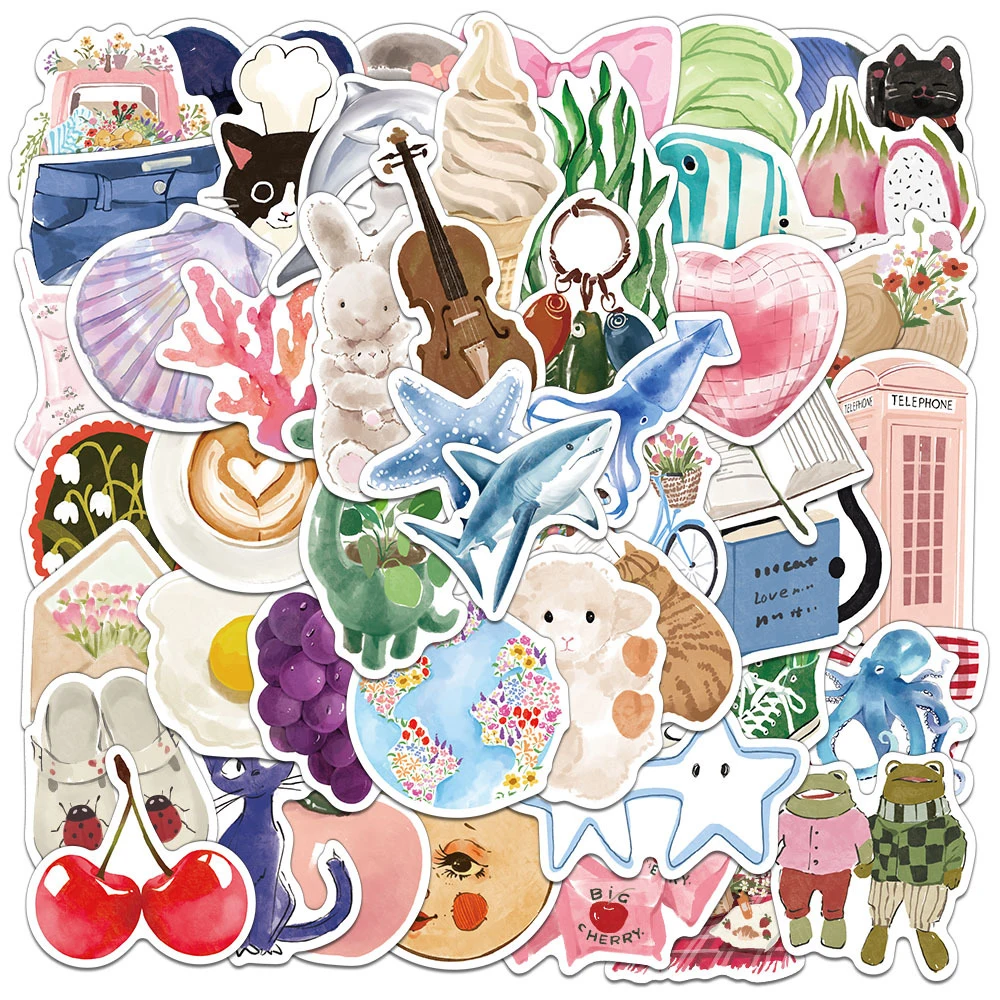 

10/30/50/100pcs INS Style Vintage Watercolor Diary Stickers Cute Cartoon Decals DIY Phone Suitcase Guitar Waterproof Sticker Toy